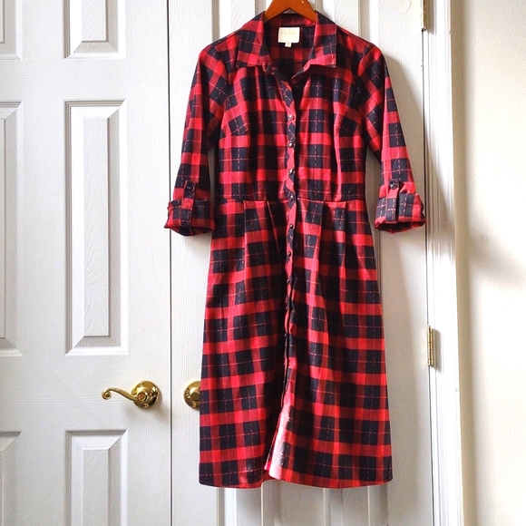 open lace back dress Red Tartan Pleated Button Front Dress – Sail to Sable main image 0